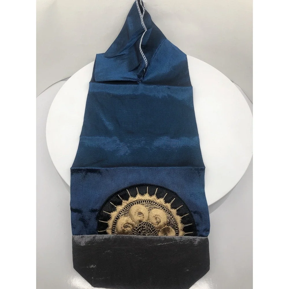 Festive Host Gift Wine Bottle Cover Blue Silky Material Gold Embroidered Pattern